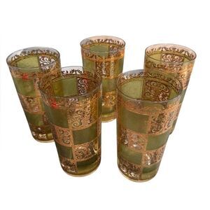 Culver Prado Mid Century 22kt Gold Green Highball Glasses set of 5